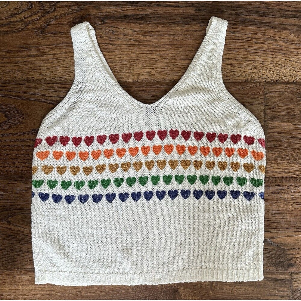 Moon & Madison Rainbow Heart Knit Crop Tank Top Boho Festival Large Pride